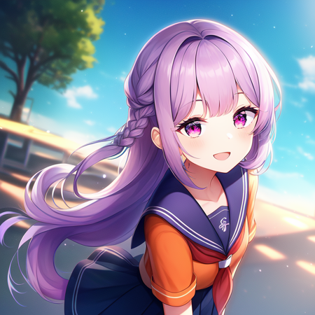 01158-3190420556-portrait, (solo, 1girl), day time, small breasts, (Magenta eyes), long hair,(Light Purple hair) french braid, (Orange school uni.png